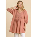 Gauze Slub V-neck Frayed Edge Detail Tunic Dress by DailySale
