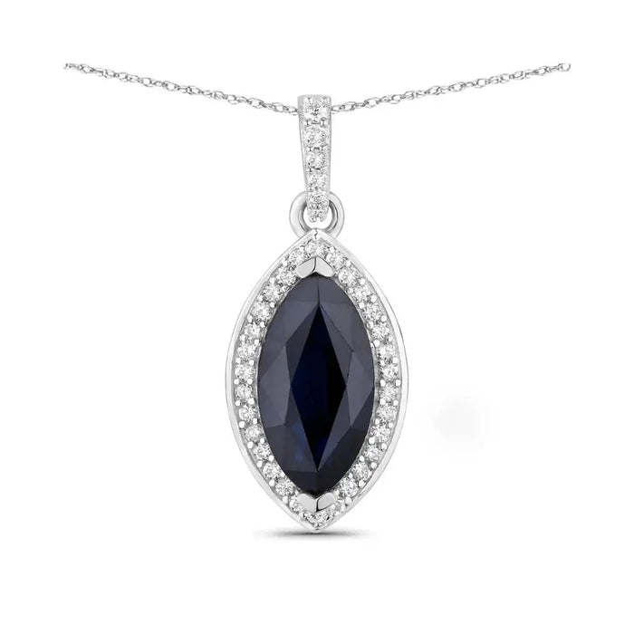 Genuine 10K Blue Sapphire and Diamond Marquise Pendant by Fine Color Jewels