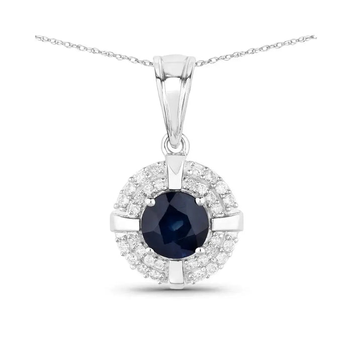 Genuine 10K Blue Sapphire Diamond Halo Pendant by Fine Color Jewels