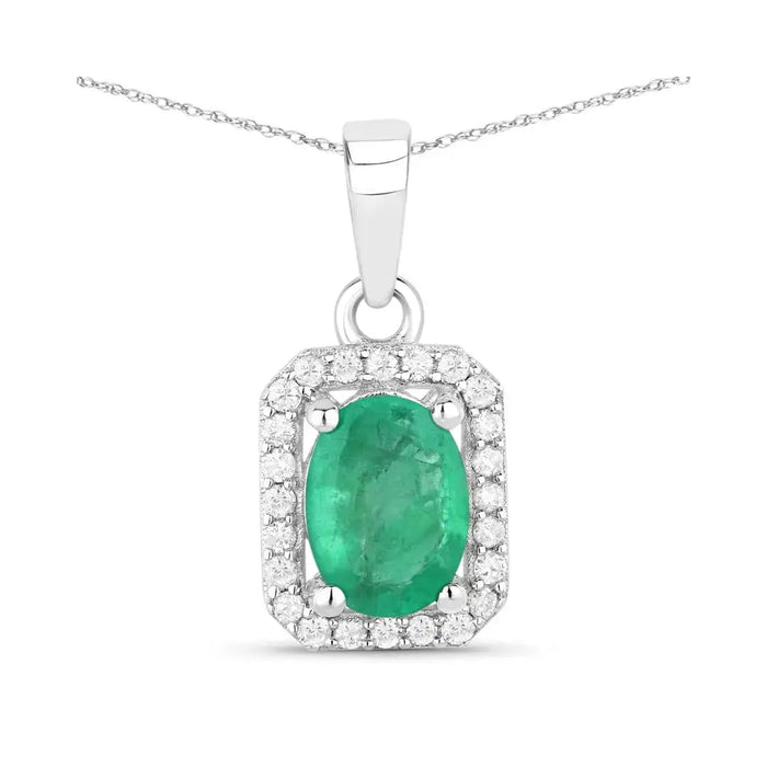 Genuine 10K Zambian Emerald and Diamond Halo Pendant by Fine Color Jewels