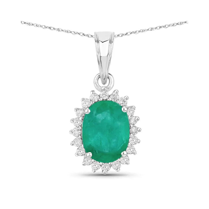 Genuine 10K Zambian Emerald and Diamond Pendant Halo by Fine Color Jewels