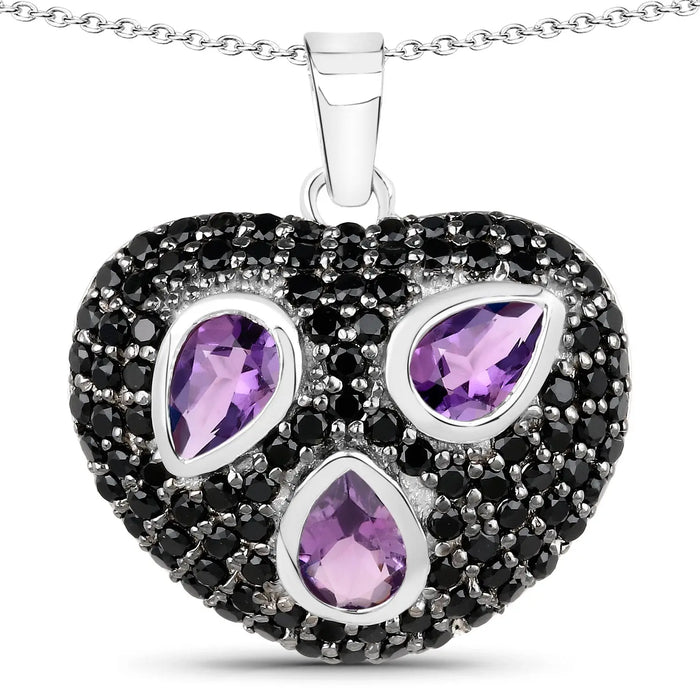 Genuine Amethyst and Black Spinel Heart Pendant Necklace by Fine Color Jewels