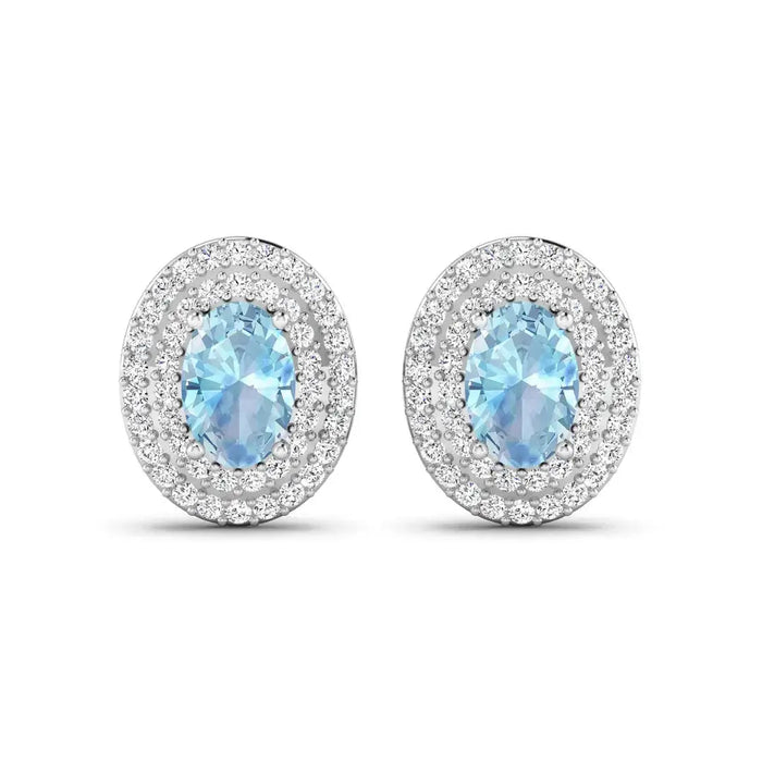 Genuine Aquamarine and Diamond Halo Stud Earrings by Fine Color Jewels
