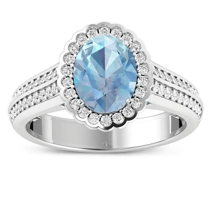 Genuine Aquamarine Diamond Halo Pave Bridge Ring by Fine Color Jewels