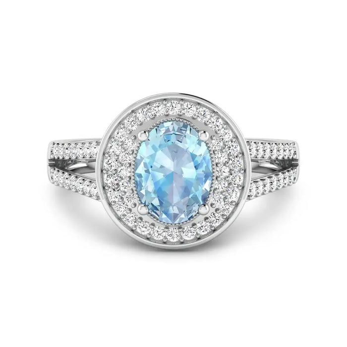 Genuine Aquamarine Diamond Halo Pave Ring by Fine Color Jewels