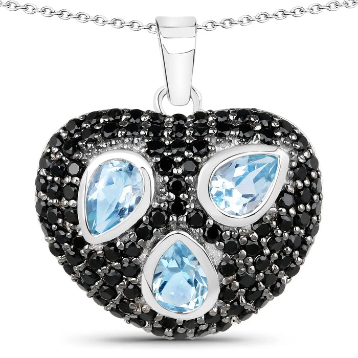 Genuine Blue Topaz and Black Spinel Heart Pendant by Fine Color Jewels
