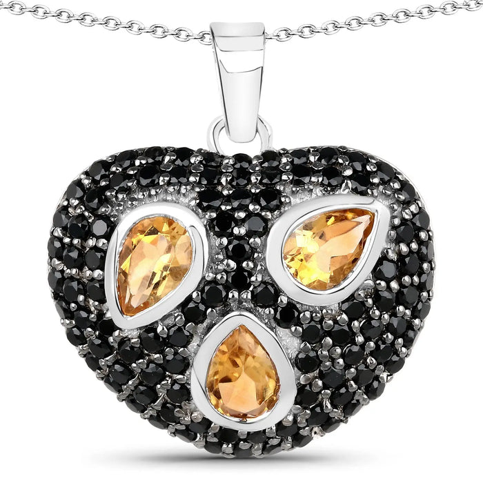 Genuine Citrine and Black Spinel Heart Necklace by Fine Color Jewels