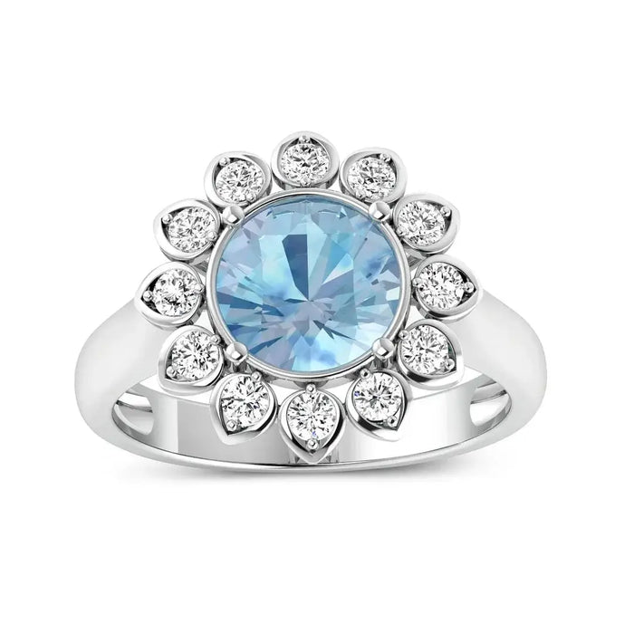 Genuine Diamond and Aquamarine Halo Ring by Fine Color Jewels