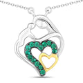 Genuine Emerald Prong Silver Double Heart Pendant Necklace by Fine Color Jewels