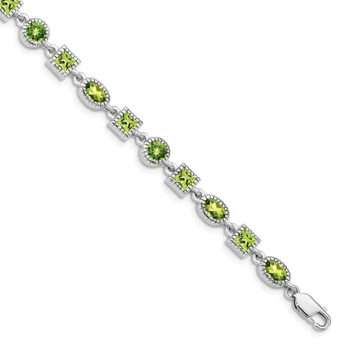Genuine Green Peridot Sterling Silver Link Bracelets by Fine Color Jewels