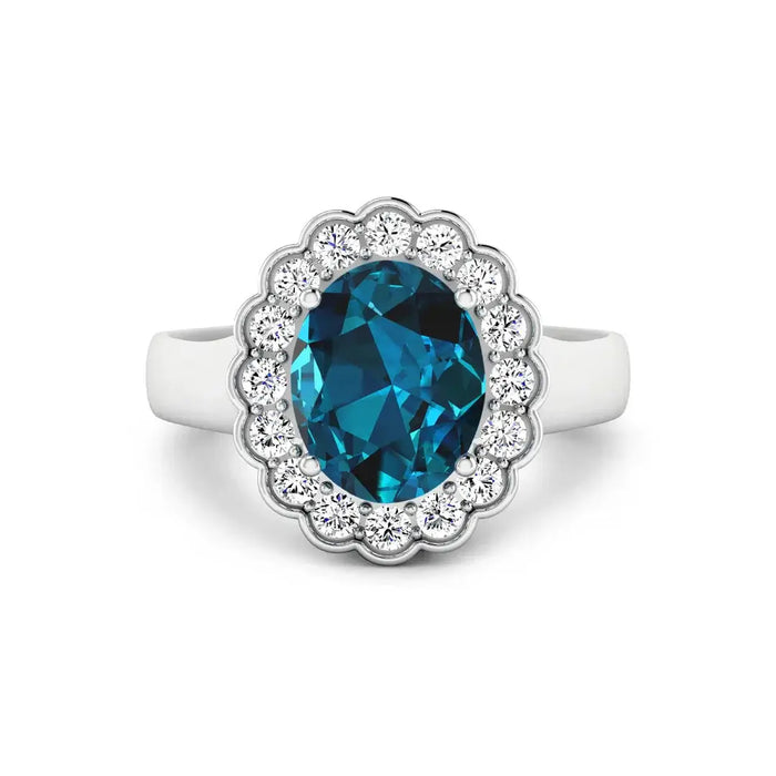 Genuine London Blue Topaz and White Diamond Halo Ring by Fine Color Jewels