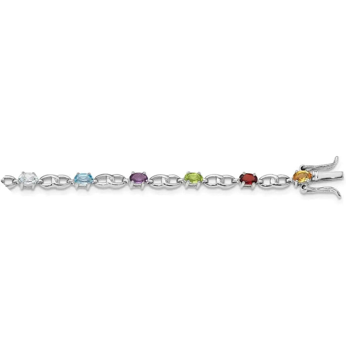 Genuine Multiple Gemstone Silver Link Bracelet by Fine Color Jewels
