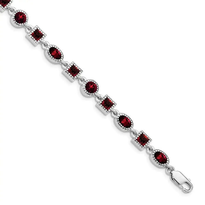 Genuine Red Garnet Sterling Silver Link Bracelets by Fine Color Jewels