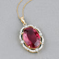 Genuine Rubellite and White Diamond 14K Yellow Gold Oval Pendant by Fine Color Jewels