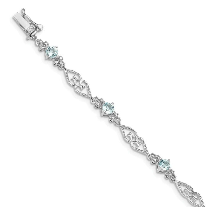Genuine Sterling Silver Aquamarine Diamond Bracelet by Fine Color Jewels