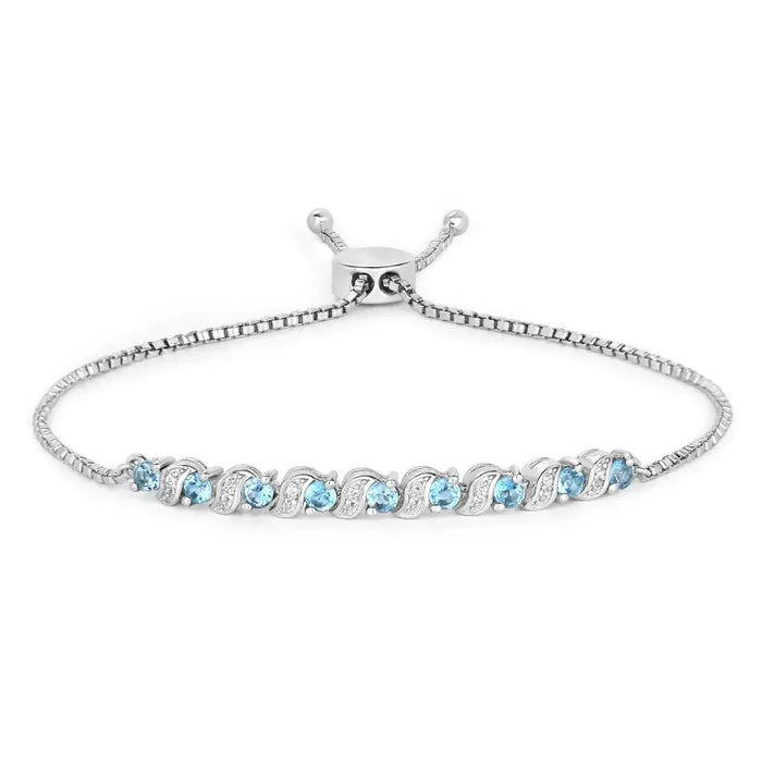 Genuine Swiss Blue Topaz and White Topaz Bolo Bracelet by Fine Color Jewels