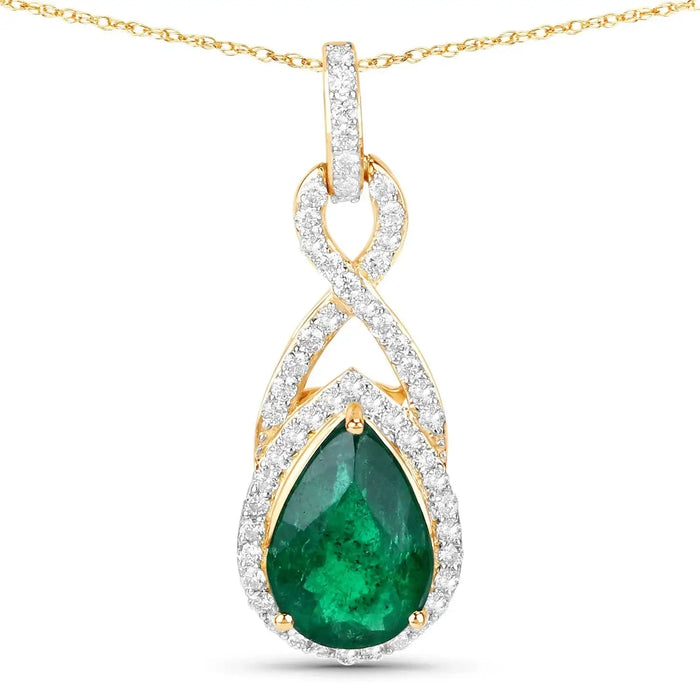 Genuine Zambian Emerald and White Diamond 14K Gold Crossover Pendant by Fine Color Jewels