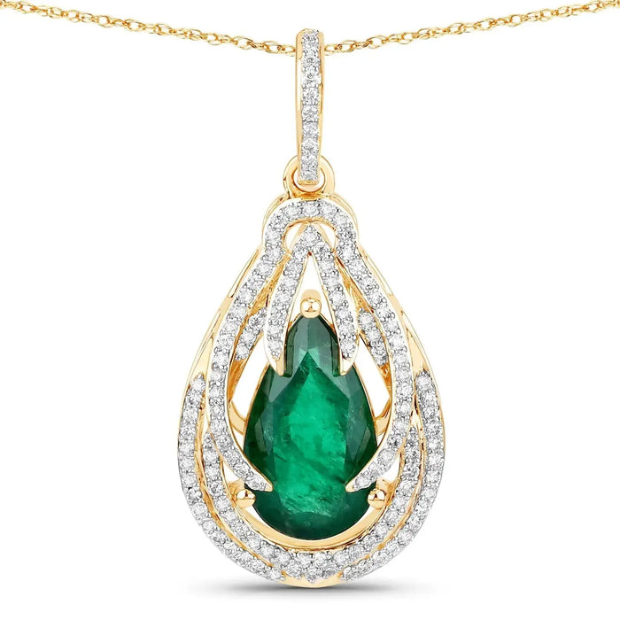 Genuine Zambian Emerald and White Diamond 14K Gold Drop Pendant by Fine Color Jewels