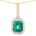 Genuine Zambian Emerald and White Diamond 14K Gold Halo Pendant by Fine Color Jewels
