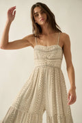 Geometric-Print Ruched Wide-Leg Tiered Ruffle Cami Jumpsuit: Oatmeal by Boutique 23