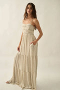 Geometric-Print Ruched Wide-Leg Tiered Ruffle Cami Jumpsuit: Oatmeal by Boutique 23