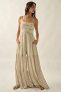 Geometric-Print Ruched Wide-Leg Tiered Ruffle Cami Jumpsuit: Oatmeal by Boutique 23