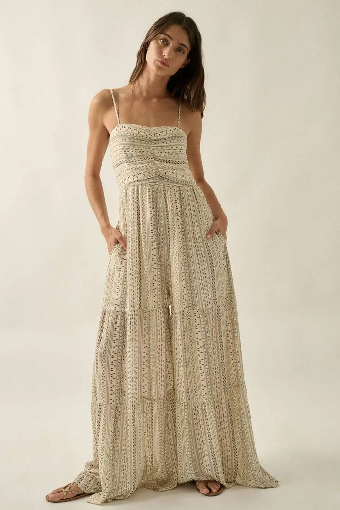 Geometric-Print Ruched Wide-Leg Tiered Ruffle Cami Jumpsuit: Oatmeal by Boutique 23
