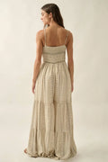 Geometric-Print Ruched Wide-Leg Tiered Ruffle Cami Jumpsuit: Oatmeal by Boutique 23