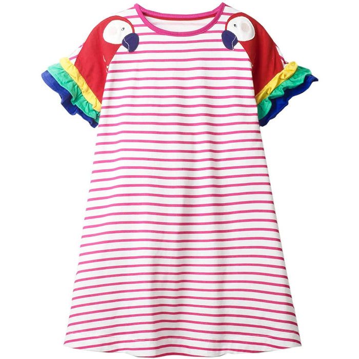 Girls Cotton Long Sleeve Casual Cartoon Appliques Striped Jersey Dress by DailySale
