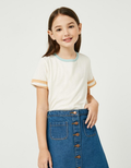 Girls Stripe Sleeve Knit Tee - Off White by Boutique 23