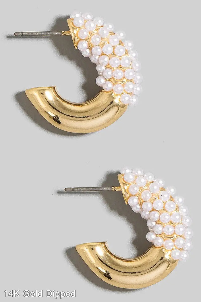 Gold Dipped Half Pearl Pave Hoop Earrings by Boutique 23
