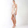 Gold Iridescent V-neck Wrap Gathered Deep Side Slit Different Straps Maxi Dress by DailySale