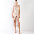 Gold Iridescent V-neck Wrap Gathered Deep Side Slit Different Straps Maxi Dress by DailySale