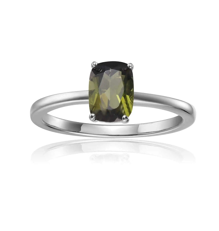 Green Tourmaline Cushion Solitaire Ring by Fine Color Jewels