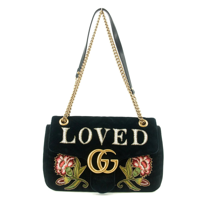 Gucci Black Velvet Loved Embroidered Marmont Shoulder Bag #6091 by Bolt Boutique