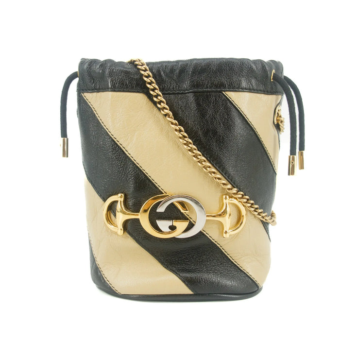 Gucci Calfskin Diagonal Striped Mini Bucket Bag Black #9218 by Bolt Boutique