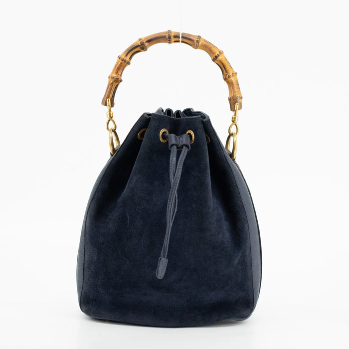 Gucci Navy Bamboo Suede x Leather Drawstring 2WAY Shoulder Bag #1881 by Bolt Boutique
