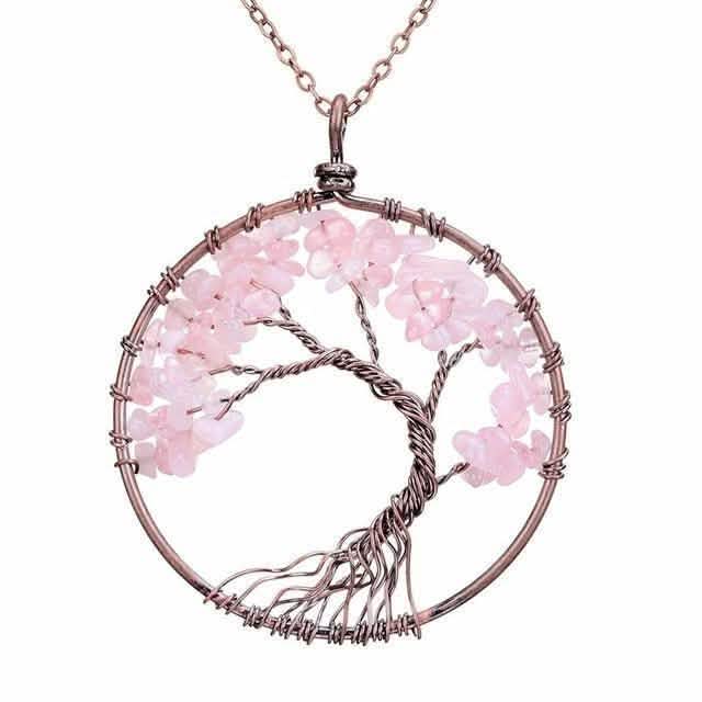 Handmade Genuine Gemstone Chakra Tree of Life Pendant Necklace - Color: Pink by DailySale