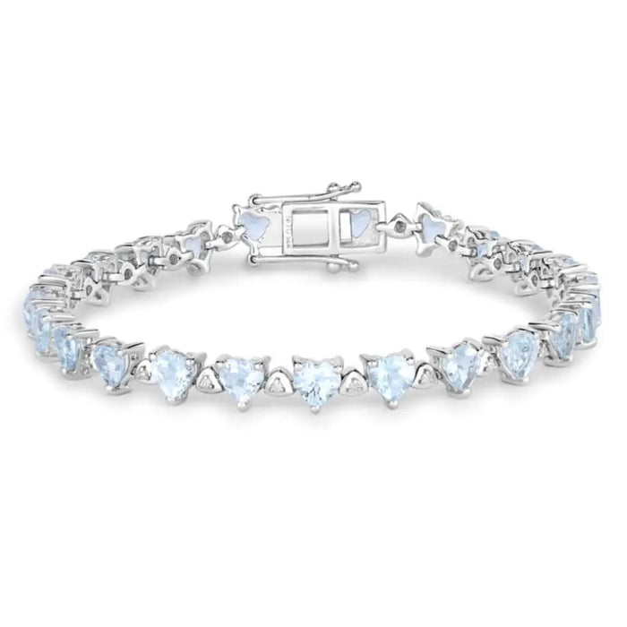 Heart Blue Aquamarine & Diamond Prong Silver Box Clasp Tennis Bracelet by Fine Color Jewels