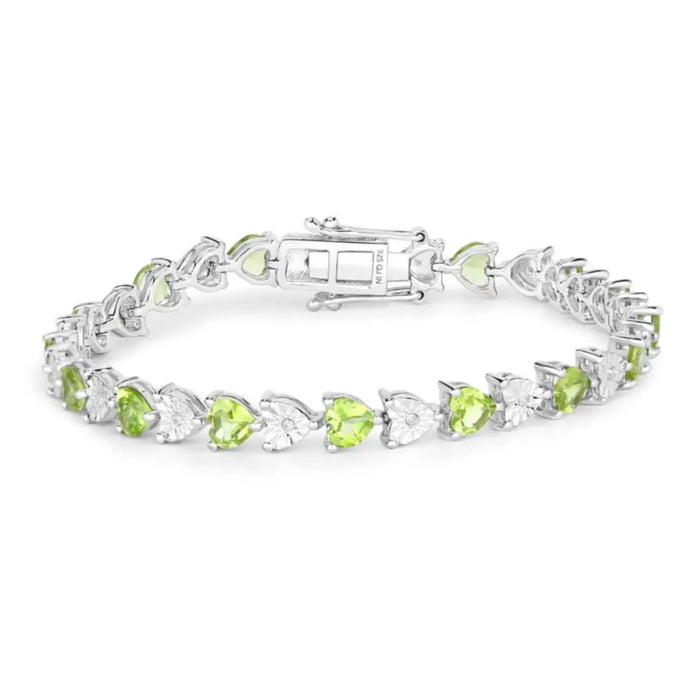 Heart Green Peridot & Diamond Prong Silver Tennis Bracelet by Fine Color Jewels