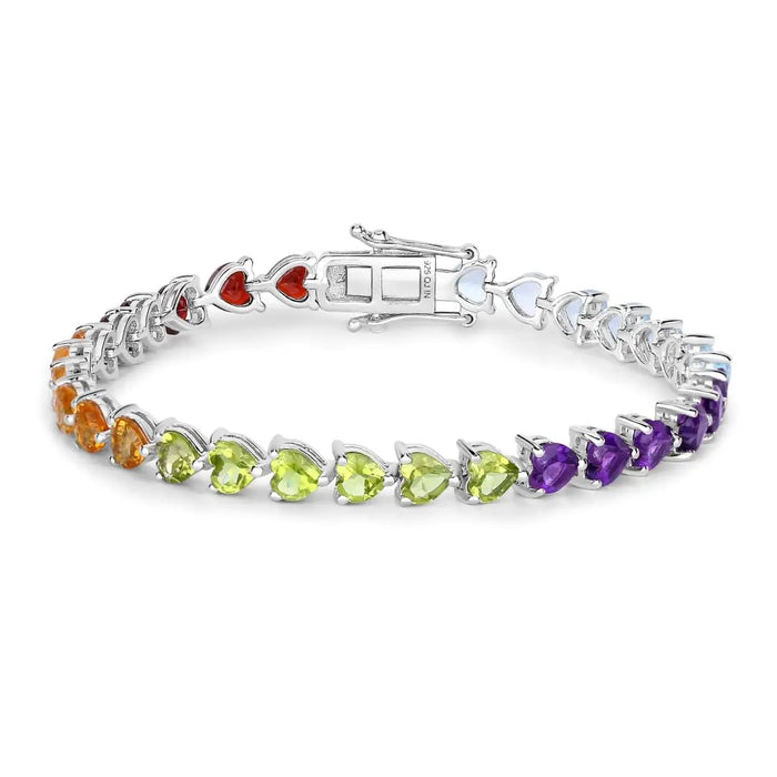Heart Multi Birthstone Prong Silver Box Clasp Tennis Bracelet by Fine Color Jewels
