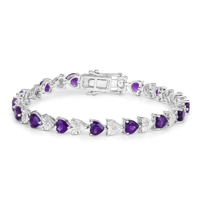 Heart Purple Amethyst & Diamond Prong Silver Tennis Bracelet by Fine Color Jewels