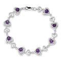 Heart Purple Amethyst & Diamond Prong Sterling Silver Heart Link Bracelet by Fine Color Jewels