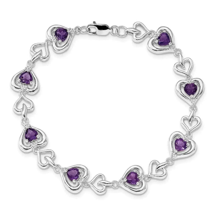 Heart Purple Amethyst & Diamond Prong Sterling Silver Heart Link Bracelet by Fine Color Jewels