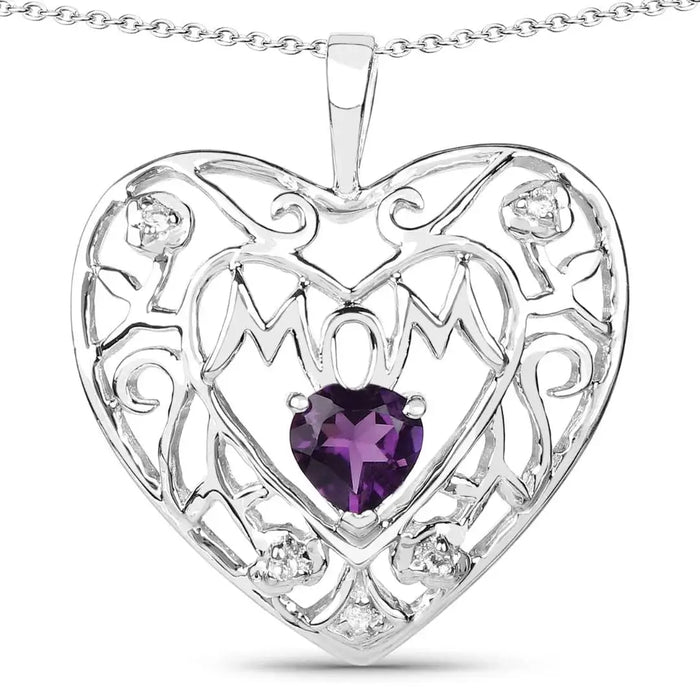 Heart Purple Amethyst Prong Silver Mom Charm Necklace by Fine Color Jewels