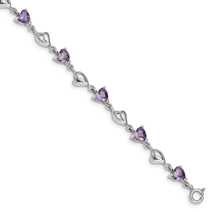 Heart Purple Amethyst Prong Sterling Silver Heart Link Bracelet by Fine Color Jewels