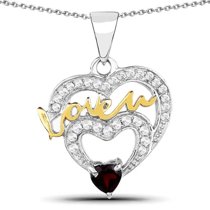 Heart Red Garnet Prong Silver Love Mom Charm Necklace by Fine Color Jewels
