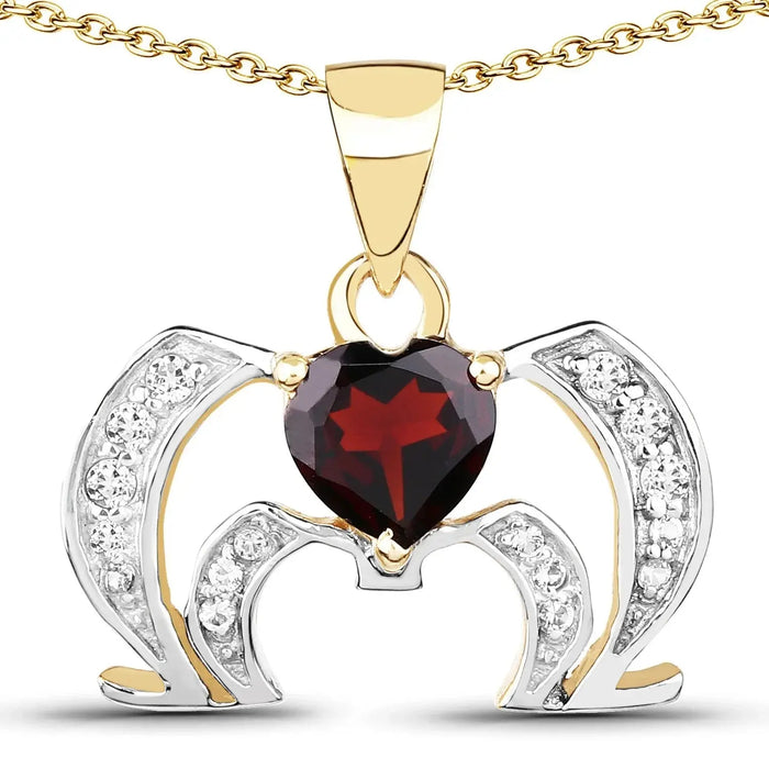 Heart Red Garnet Prong Silver Pendant Necklace by Fine Color Jewels