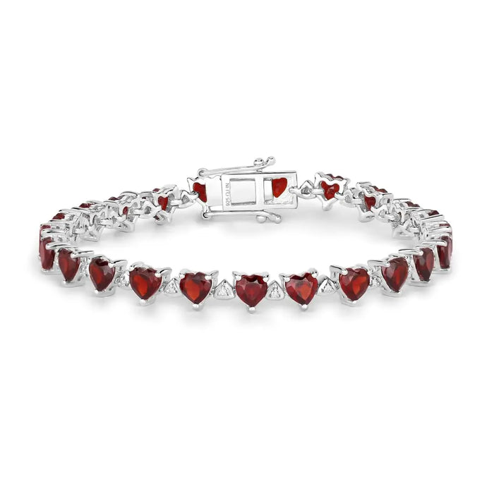 Heart Red Garnet Prong Sterling Silver Box Clasp Tennis Bracelet by Fine Color Jewels
