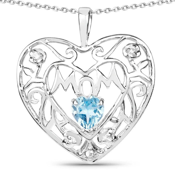 Heart Swiss Blue Topaz Prong Silver Mom Pendant Necklace by Fine Color Jewels